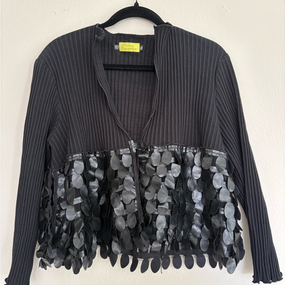 Giselle Shepatin Black Leather and Knit Textured Cardigan